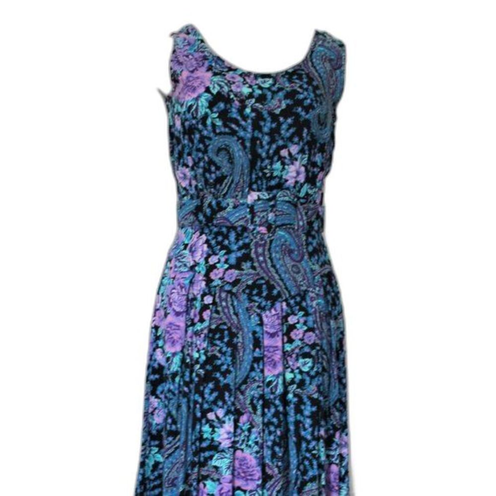 Vintage S. Roberts 80's Blue and Purple Floral Sleeveless Dress Sz 7